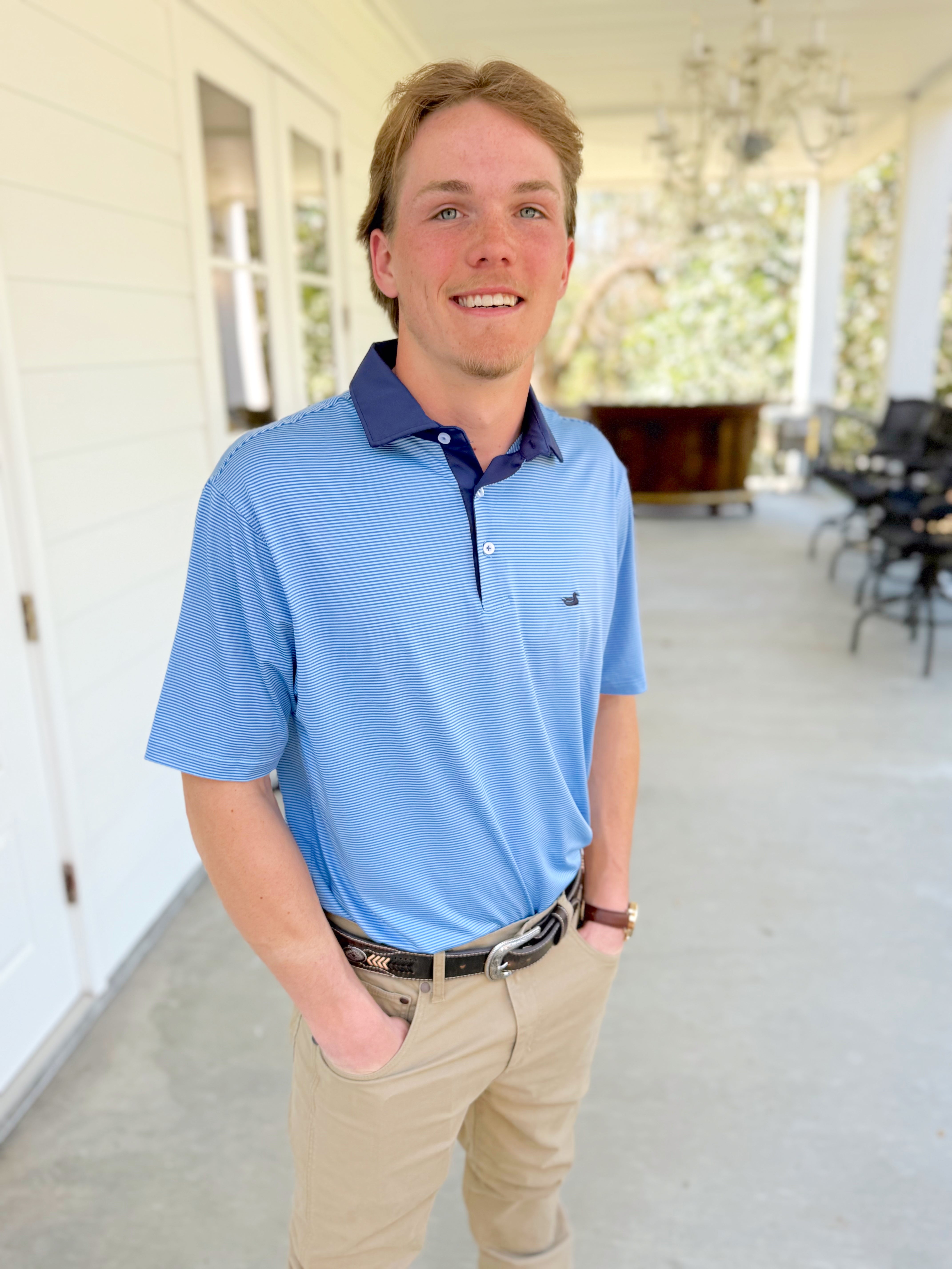Hampton Stripe Bermuda Performance Polo In Dark Bluebonnet & Blue By Southern Marsh