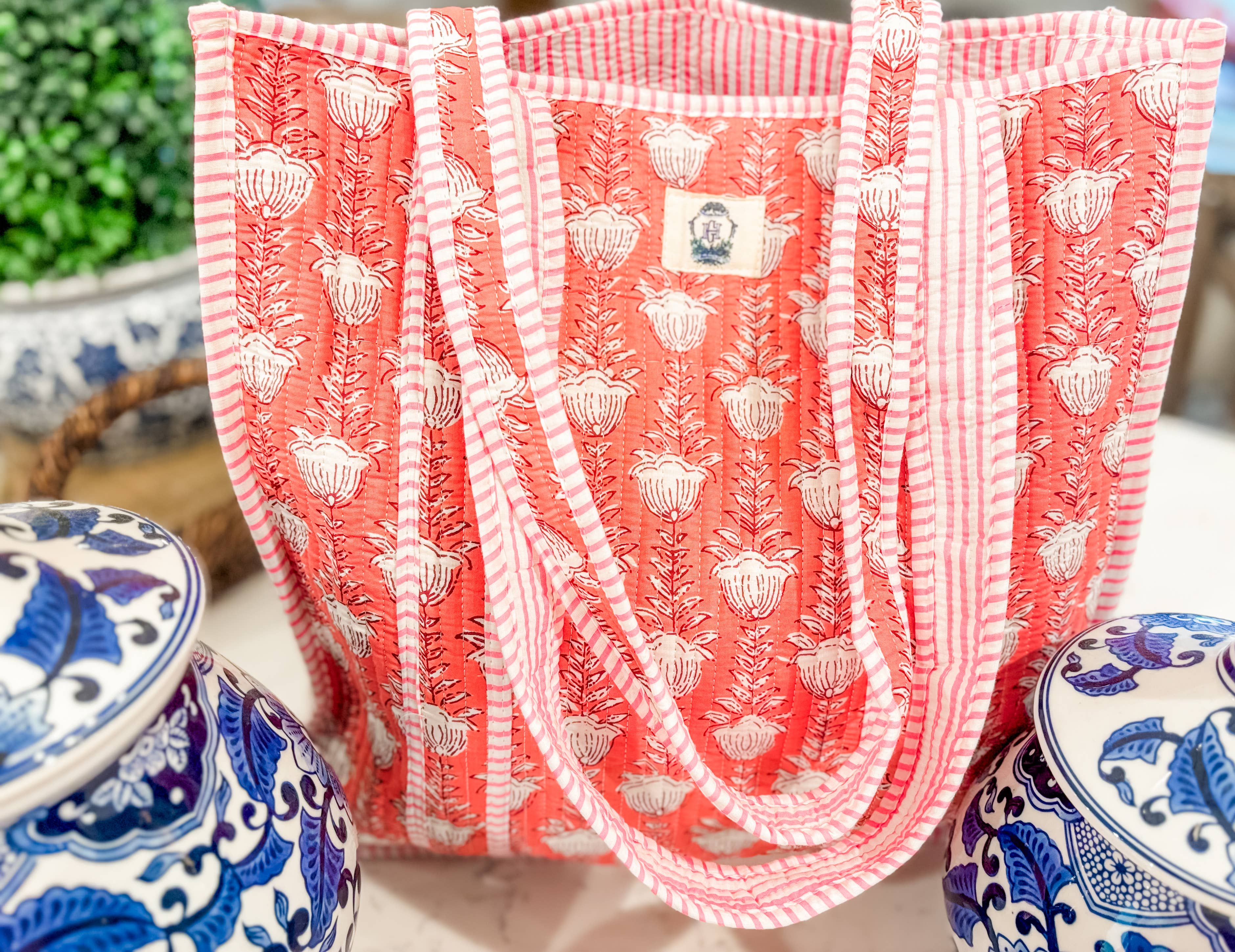Coral Ivy Quilted Tote Bag