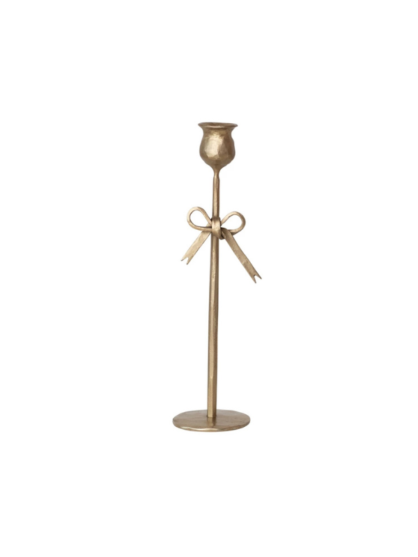 Large Hand-Forged Iron Taper Holders with Bow in Antique Gold Finish