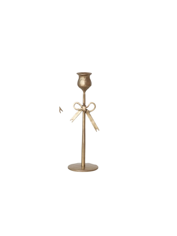 Small Hand-Forged Iron Taper Holders with Bow in Antique Gold Finish