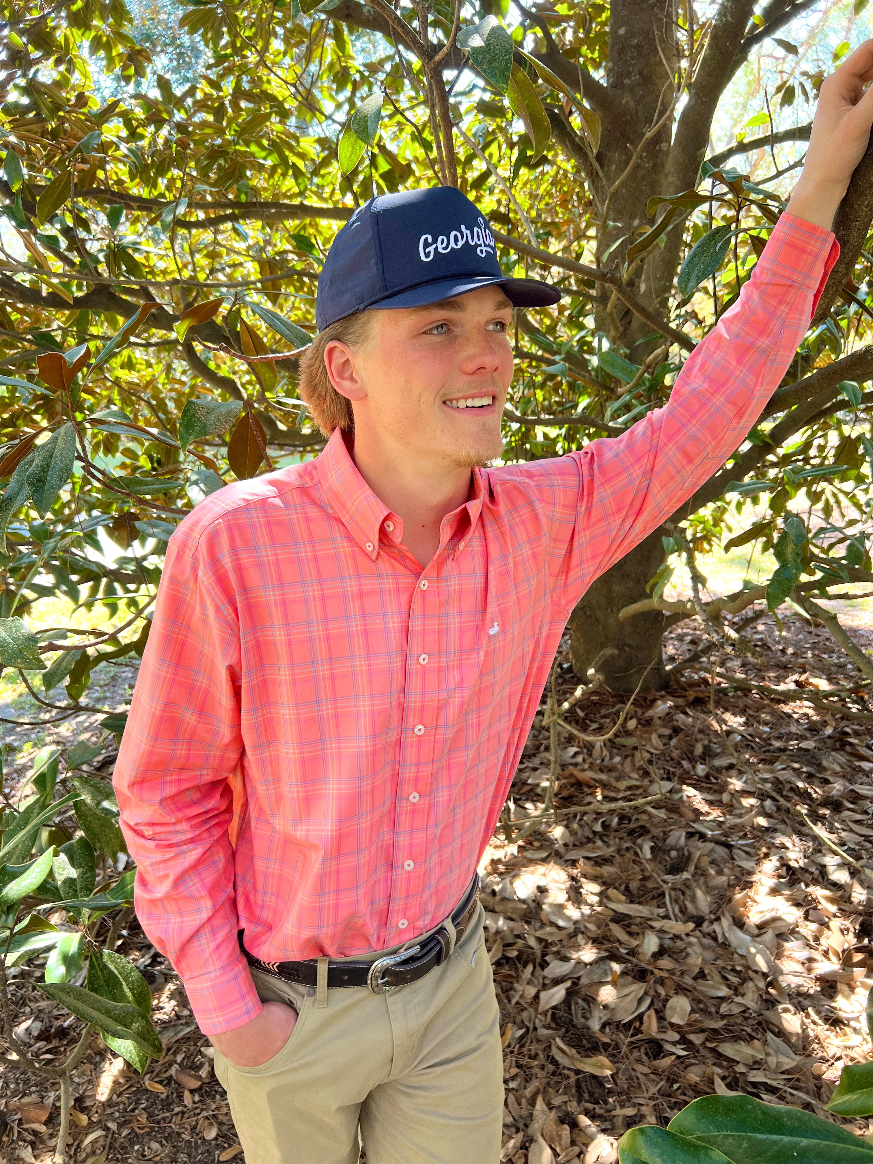 Chatham Lines Performance Dress Shirt In Coral & Slate By Southern Marsh