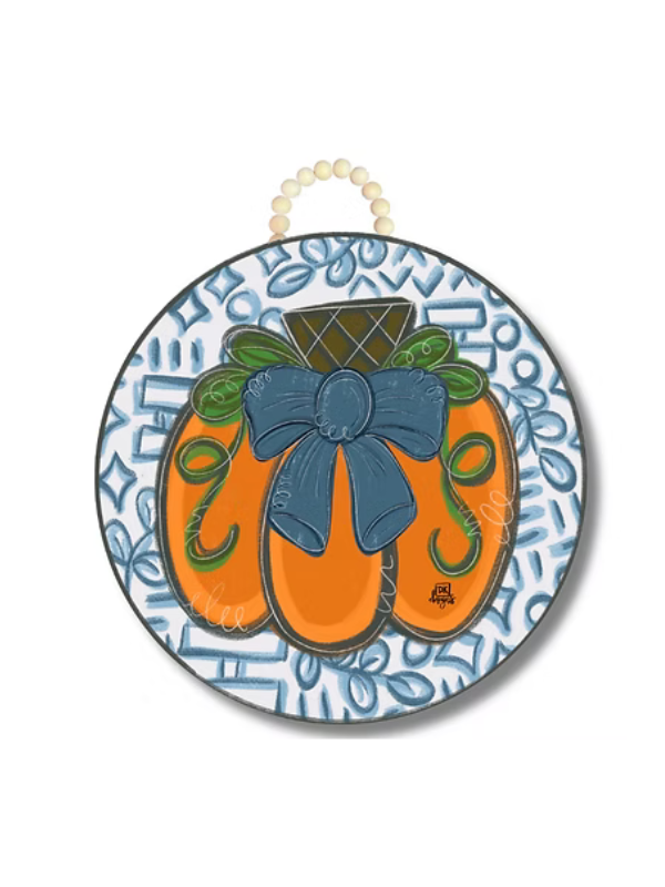 Blue Bow Pumpkin Door Hanger