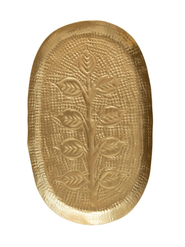 Decorative Debossed Metal Tray in Antique Gold Finish