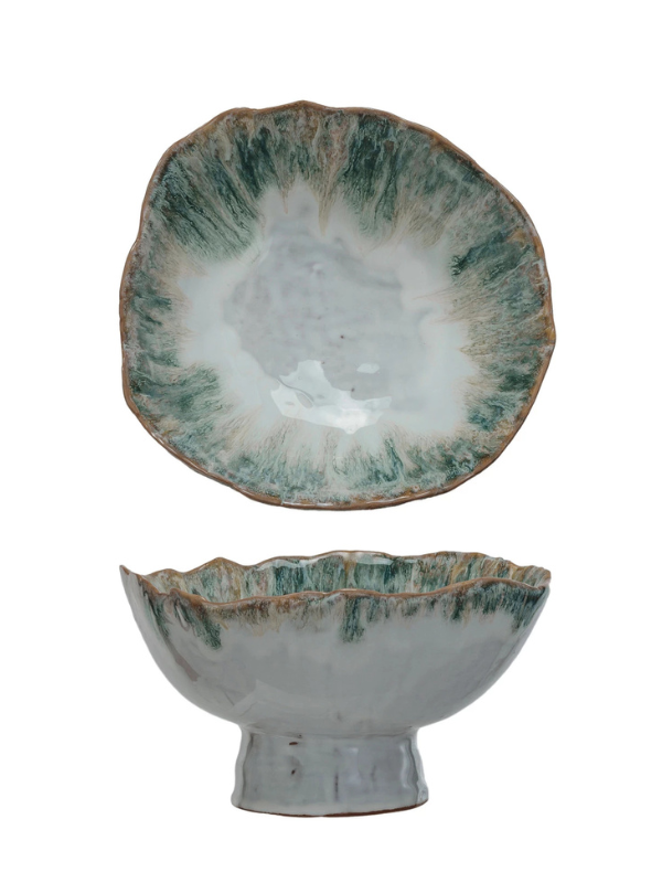 Elaina & Kyle Wedding Registry- Stoneware Footed Bowl with Green Accent