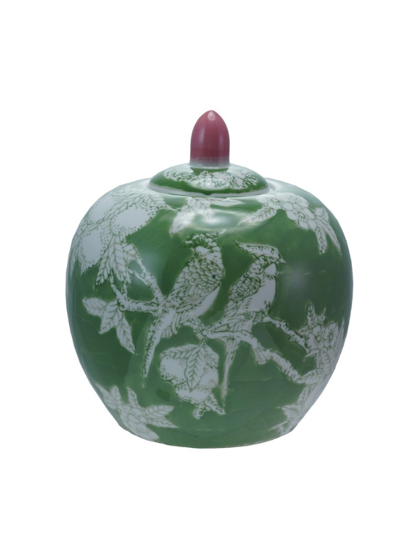 Green Stoneware Ginger Jar with Birds
