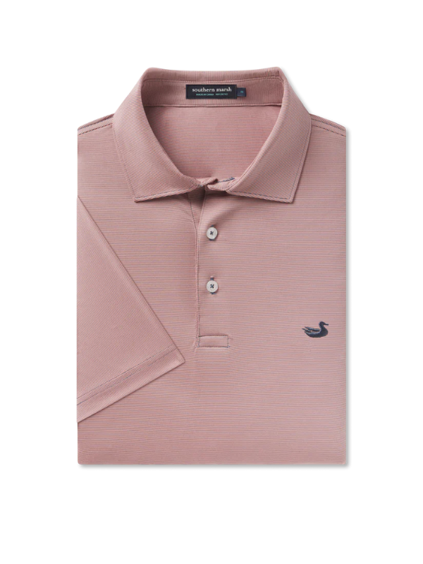 Wellington Stripe Bermuda Performance Polo In Peach By Southern Marsh