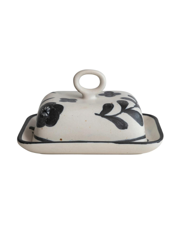 Hand Painted Stoneware Butter Dish with Floral Design