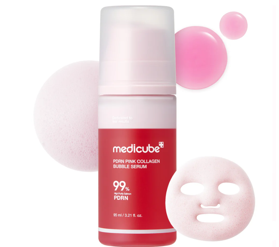 Medicube pink collagen bubble serum with a face mask on a white background