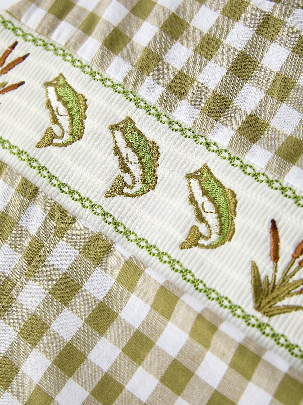 Green Plaid Fish Embroidered Smocked Baby Boy Romper