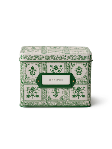 Decorative recipe box with green florals on it