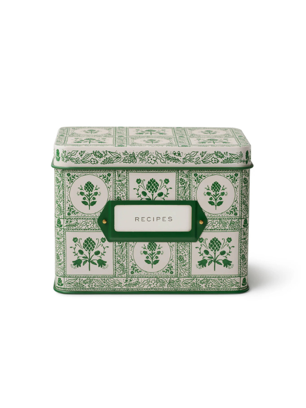 Decorative recipe box with green florals on it