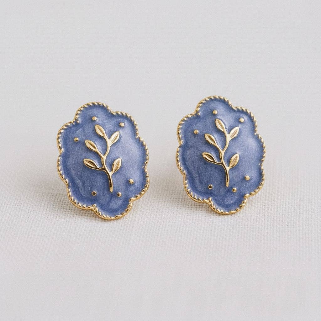 Purple floral drop design stud earrings with gold detail