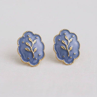 Purple floral drop design stud earrings with gold detail