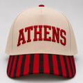 Red Athens Georgia Hat with striped red and black bill 