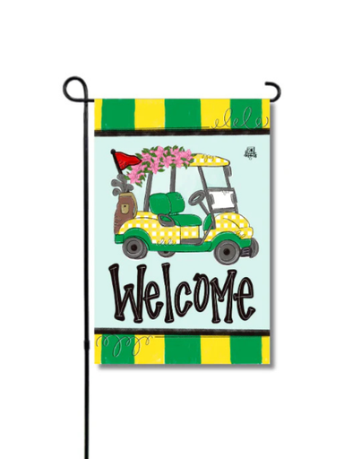 yellow and green golf cart garden flag