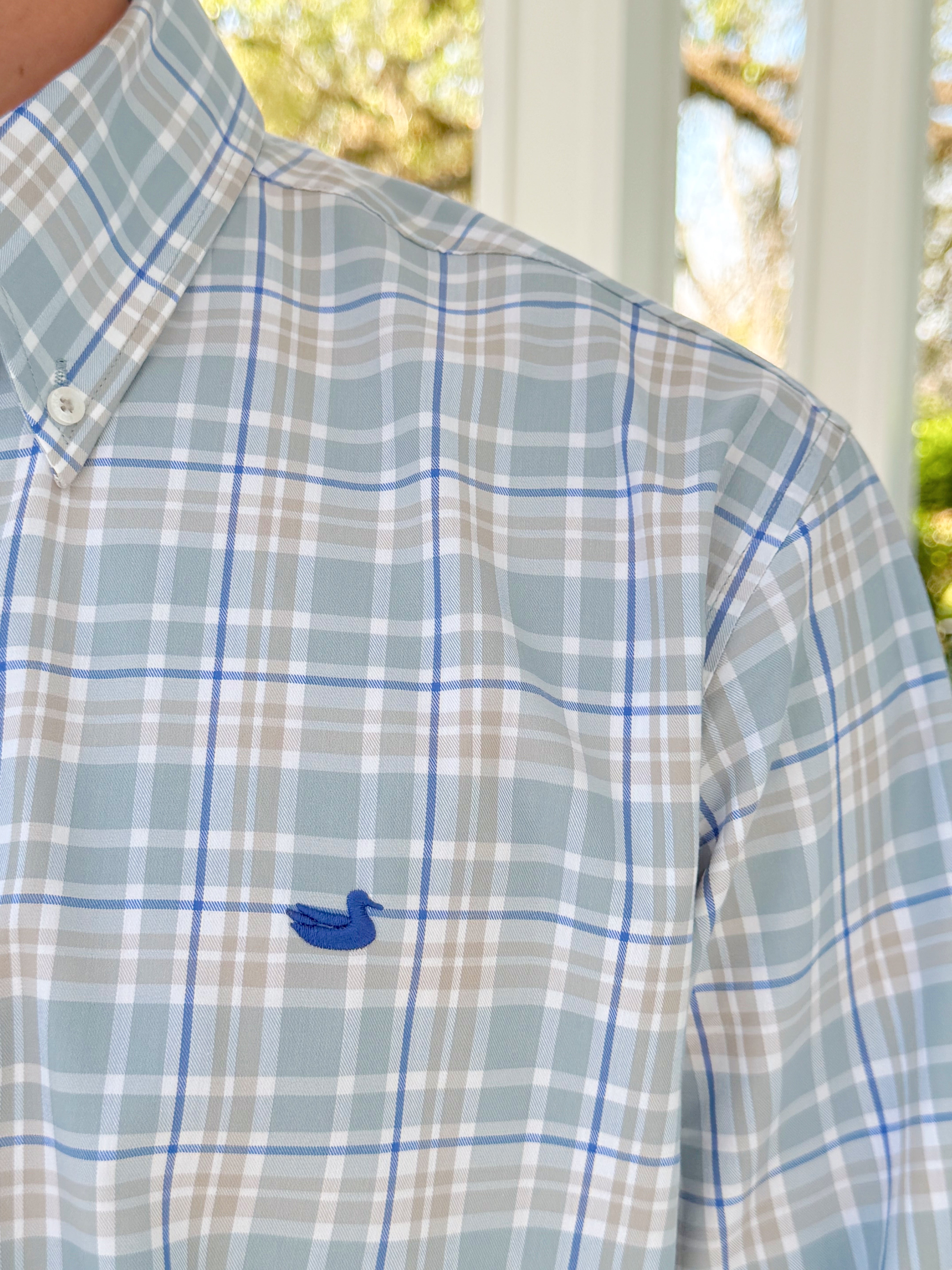Grainger Performance Plaid Dress Shirt In Sage & Burnt Taupe By Southern Marsh