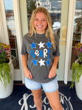 A dark gray graphic t-shirt with blue and white stars and the word 'BEARS' printed on the front