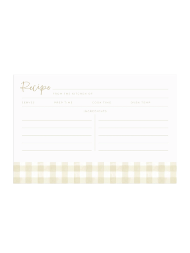 Recipe card template with a gingham border on a white background