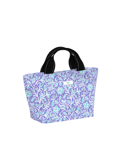 purple and blue floral patterned insulated lunch box tote