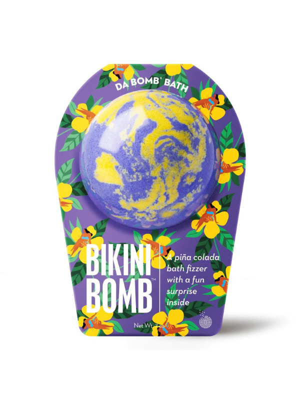 Purple and yellow swirl bath fizzer with surprise inside