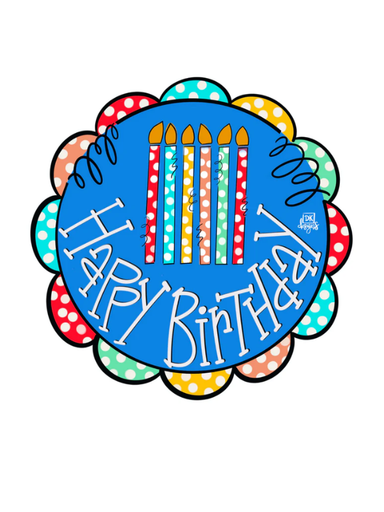 A colorful happy birthday velcro attachment for DK Designs door hanger