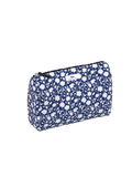 Navy blue and white floral patterned makeup and toiletry bag with zipper closure