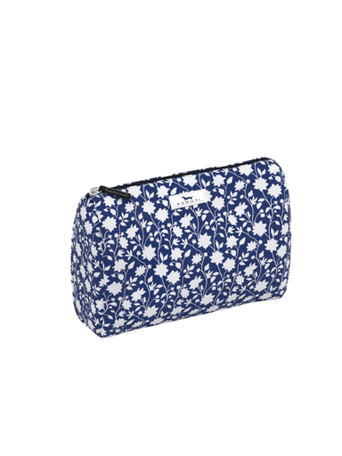 Navy blue and white floral patterned makeup and toiletry bag with zipper closure