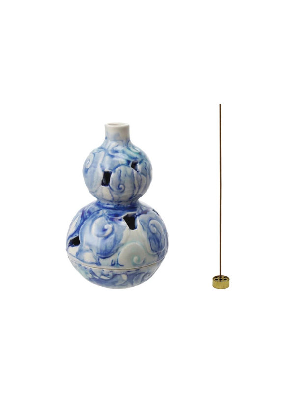 Blue Embossed Incense Holder with Metal Insert swirls