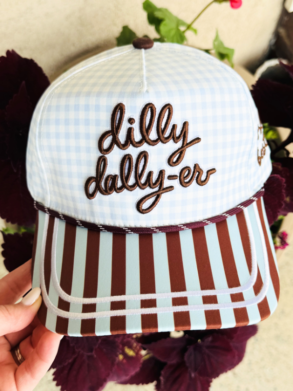 blue and brown striped and gingham hat