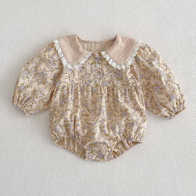 Blue and Tan Floral Collard Romper snap bottom