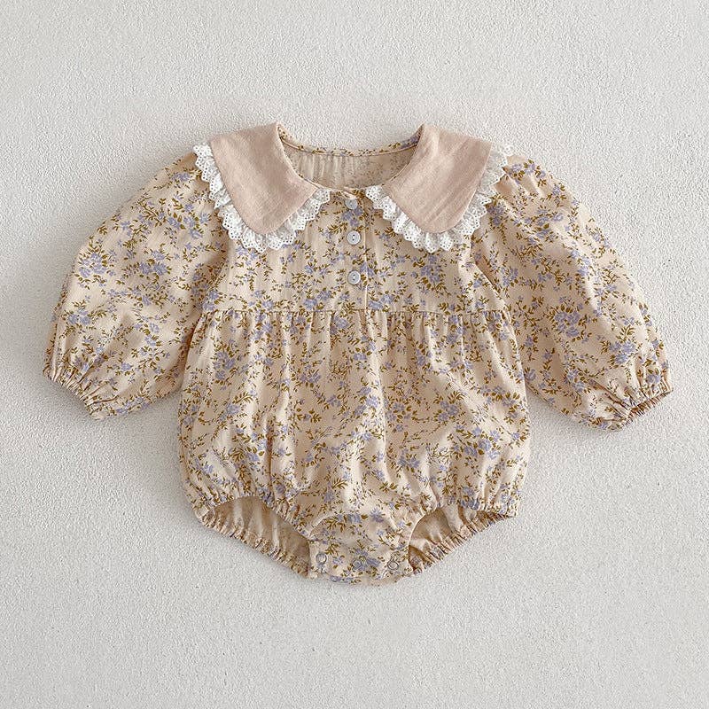 Blue and Tan Floral Collard Romper snap bottom