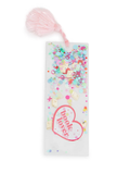 Colorful bookmark with 'book lover' text and a pink pom-pom on a white background