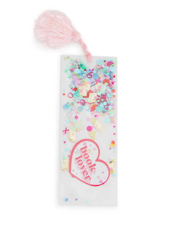 Colorful bookmark with 'book lover' text and a pink pom-pom on a white background
