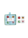 Bug Hugs baby lovey locks in a light blue fabric pouch with a green gingham border, shown next to four individual lovey locks featuring ladybugs, a bee, a caterpillar, and a butterfly on a white background.