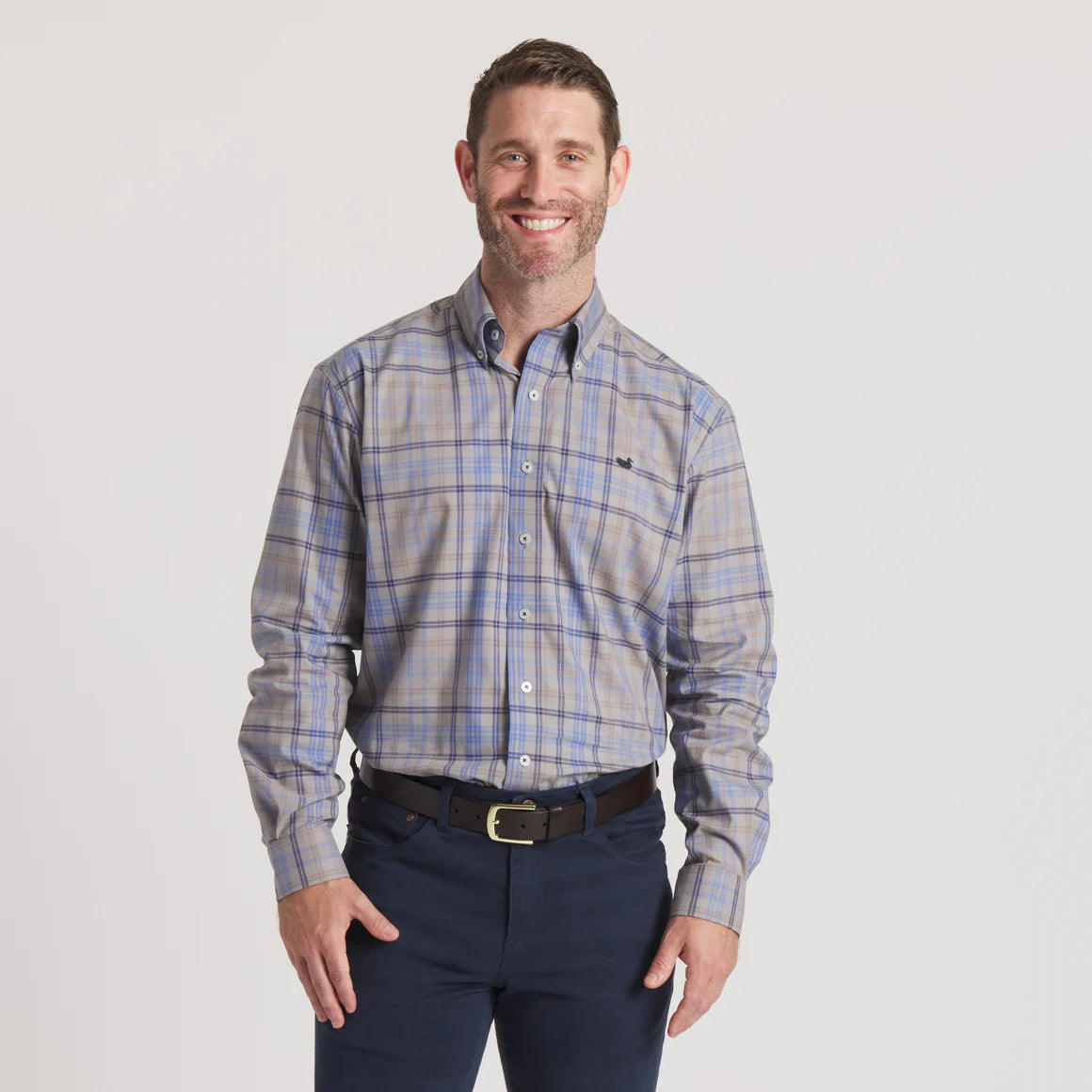 Barnstable Lines Performance Shirt in Light Grey/ Royal Blue By Southern Marsh