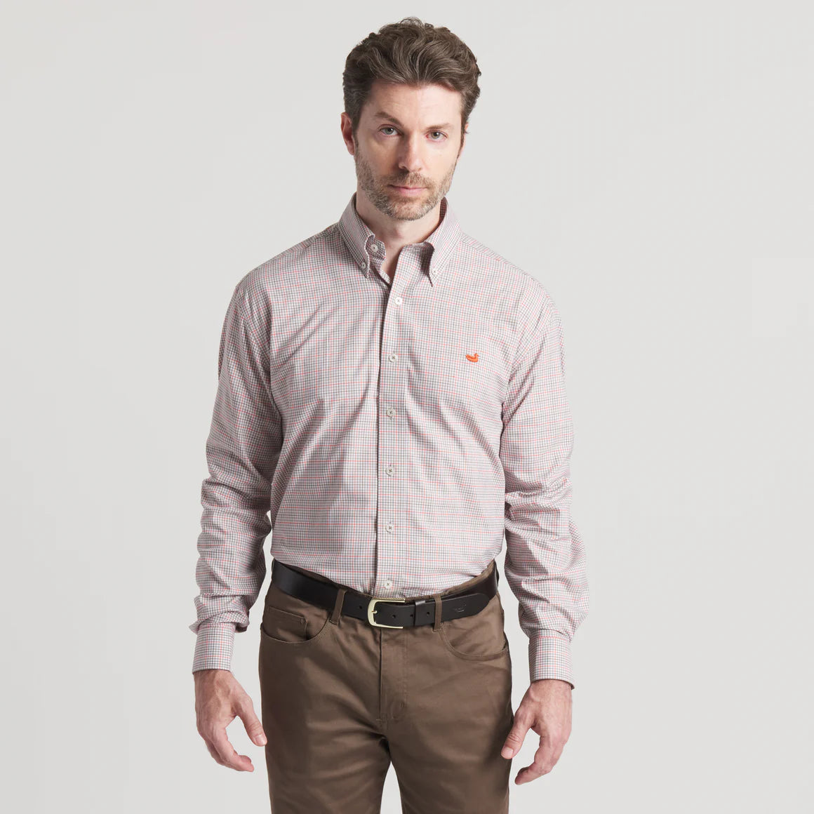 Dyer Performance Gingham Dress Shirt in Burnt Taupe and Dark Olive
