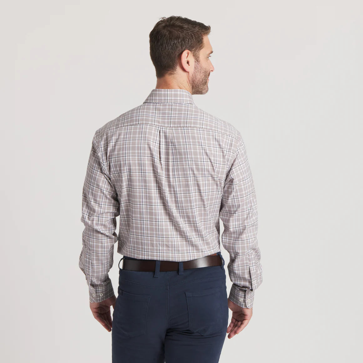 Grainger Performance Plaid Dress Shirt in Burnt Taupe & Navy