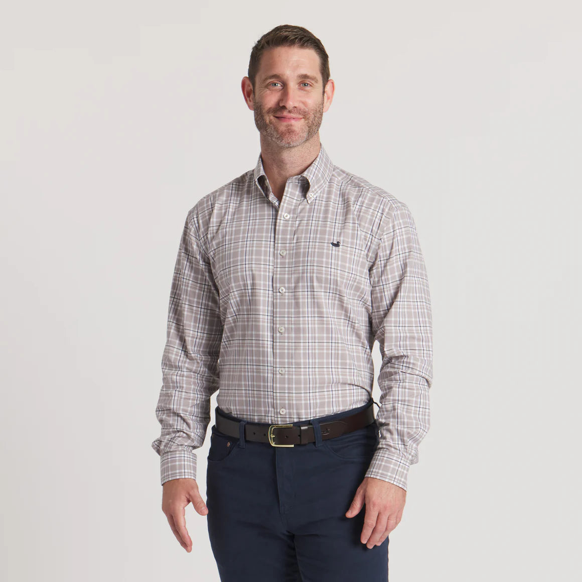 Grainger Performance Plaid Dress Shirt in Burnt Taupe & Navy