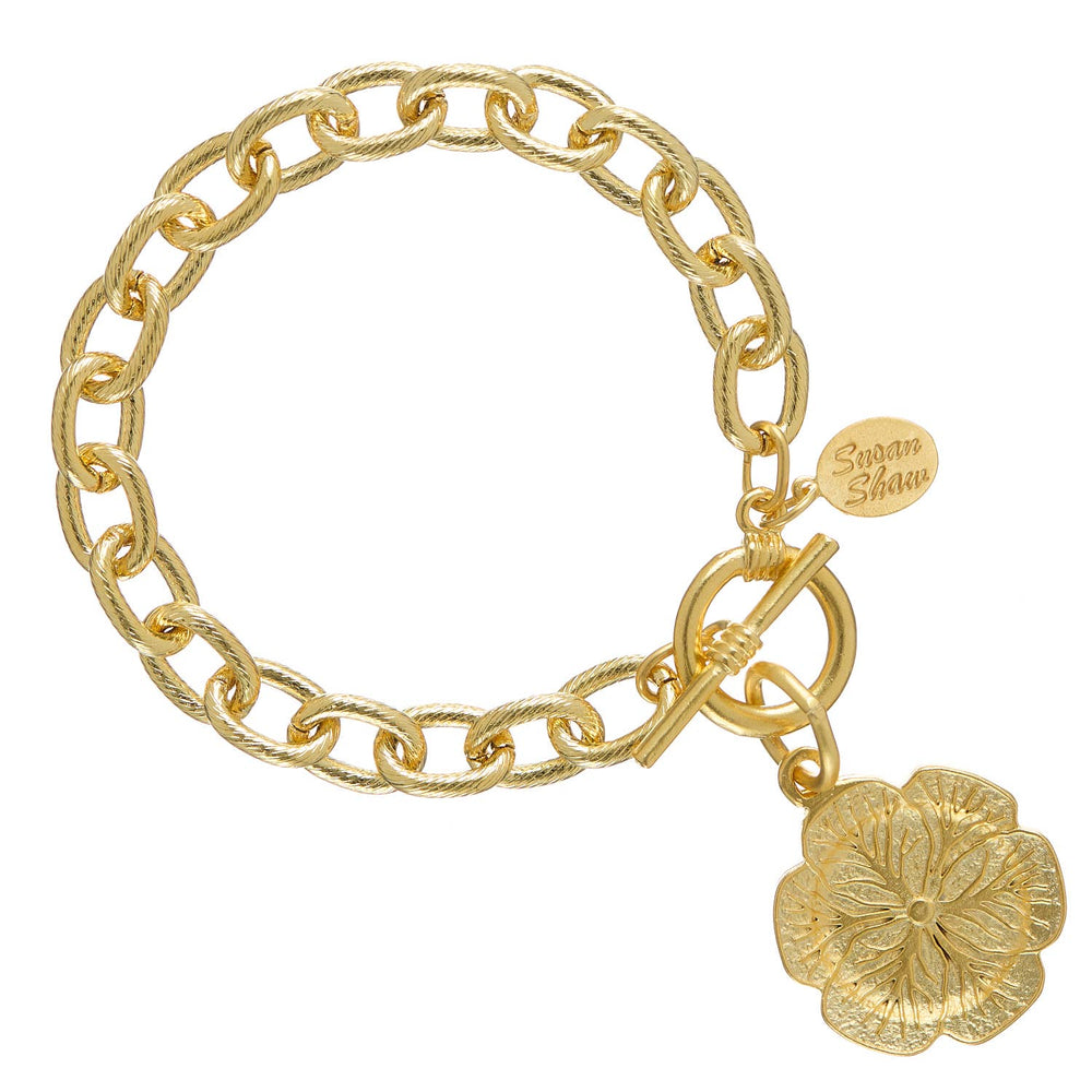 Gold chain link bracelet with cabbage flower charm susan shaw