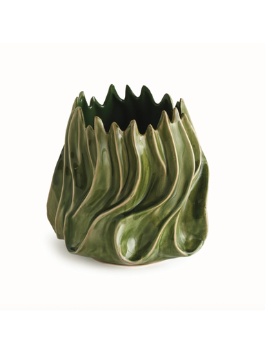 Green ceramic vase with wavy luster design 