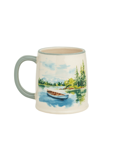 Ceramic stoneware mug with canoe lake scenery nature outdoors 