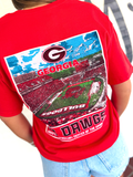 A red t-shirt with a large back graphic featuring the Georgia Bulldogs logo, stadium scene, and 'Dawgs' text