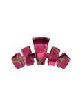 A glossy, pink hair claw clip with a camo pattern on it