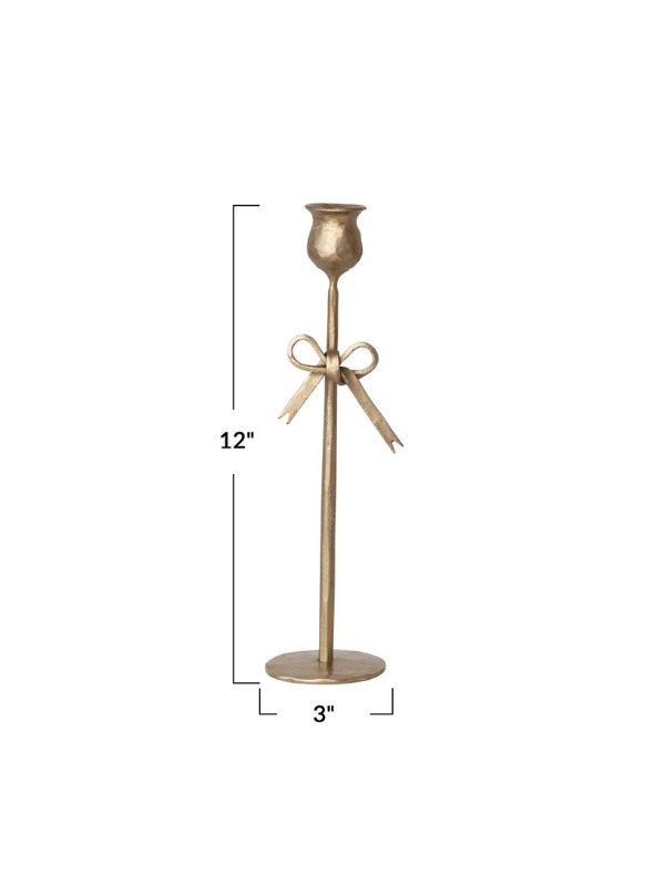 Large Hand-Forged Iron Taper Holders with Bow in Antique Gold Finish