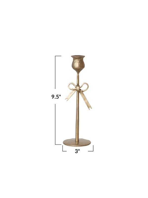 Medium Hand-Forged Iron Taper Holders with Bow in Antique Gold Finish