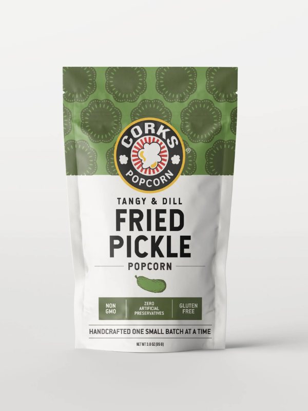 Corks Popcorn packaging for Tangy & Dill Fried Pickle popcorn