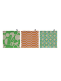 Three square woven kitchen towels with hanging tabs, featuring green, orange, and turquoise geometric patterns on a white background.