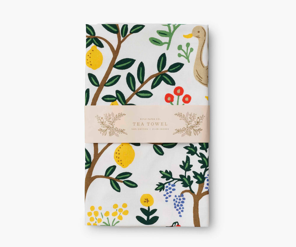 Colorful floral tea towel with country life on it