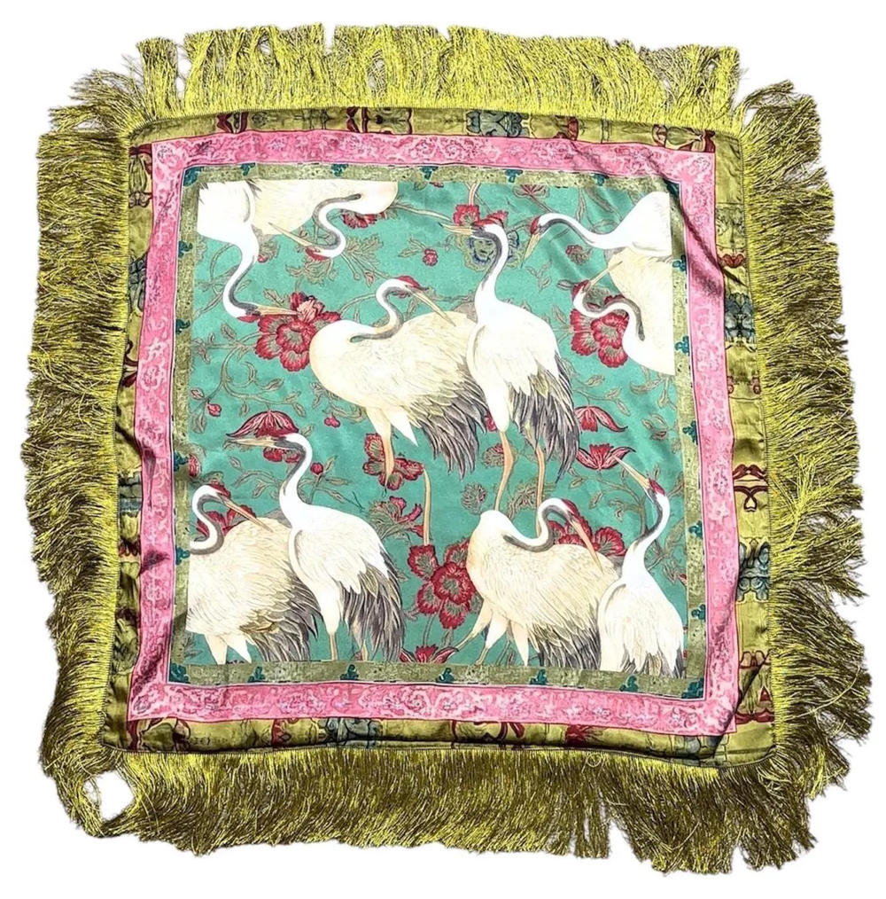 green and pink Crane Fringe Scarf