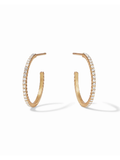 Gold hoop earrings with embedded diamonds on a white background